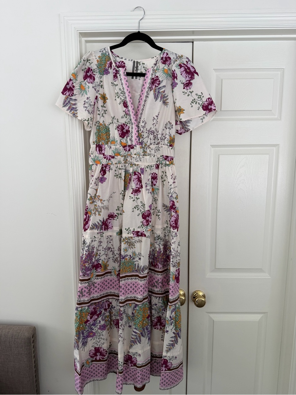 Anthropologie Floral Maxi Dress — Cream with Purple Accents